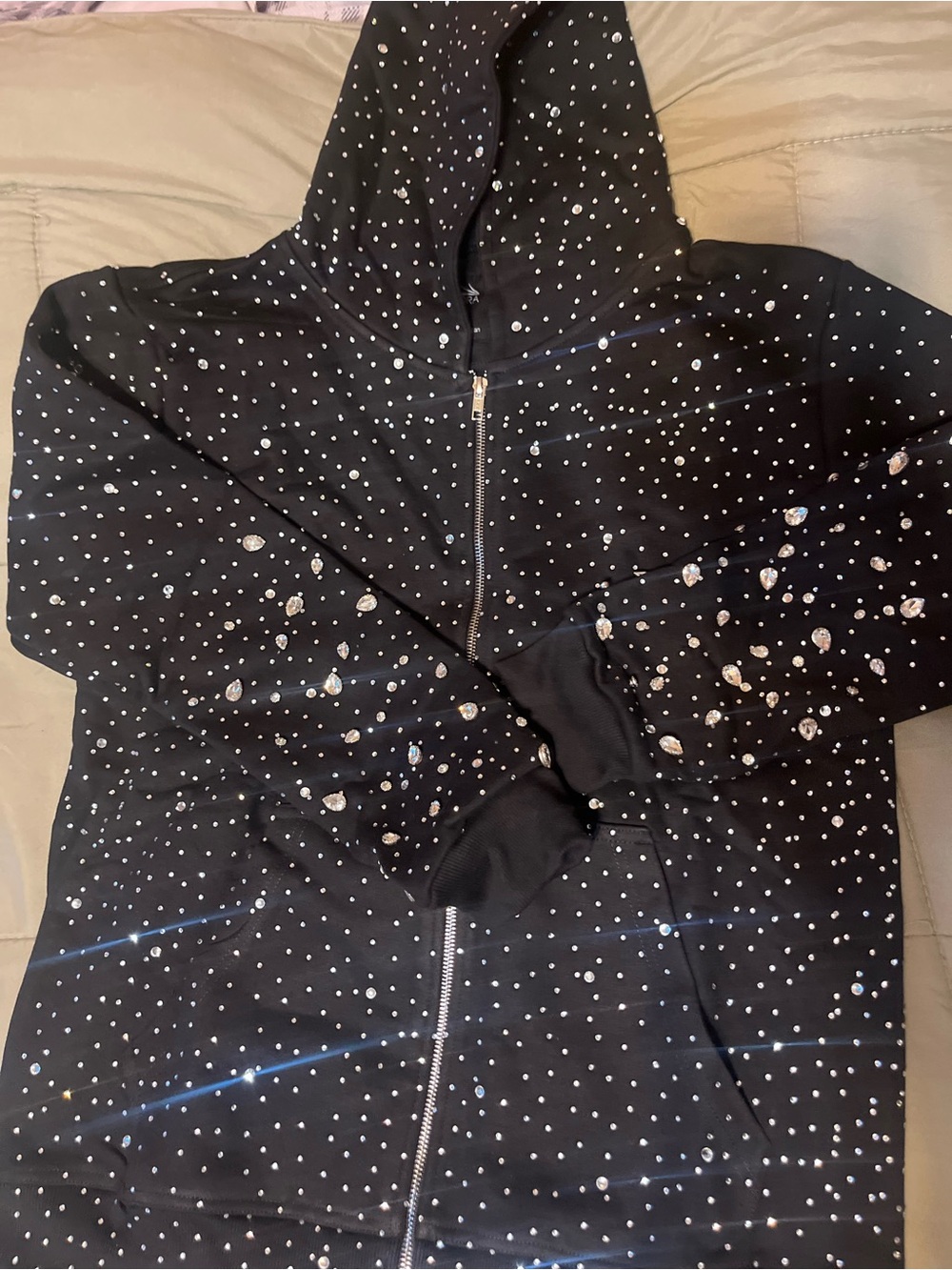 Hand made Black Crystal-Embellished Zip Hoodie